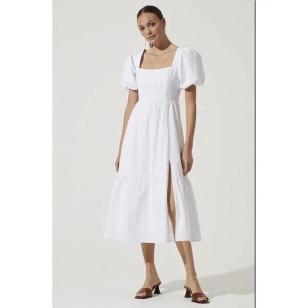 $120 Astr Poplin Puff Sleeve Tiered Midi Dress WHITE COTTON  XS